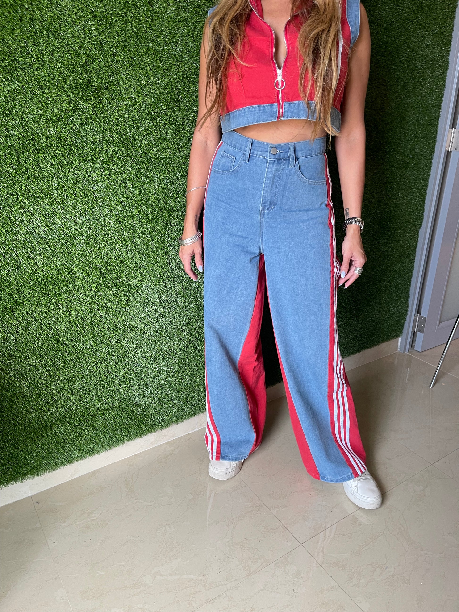 Denim Red Stripe Set